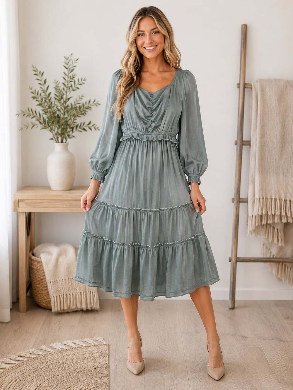 Mikarose Sage Green Tiered Mini Dress XL Long Sleeve Ruffle Boho Modest